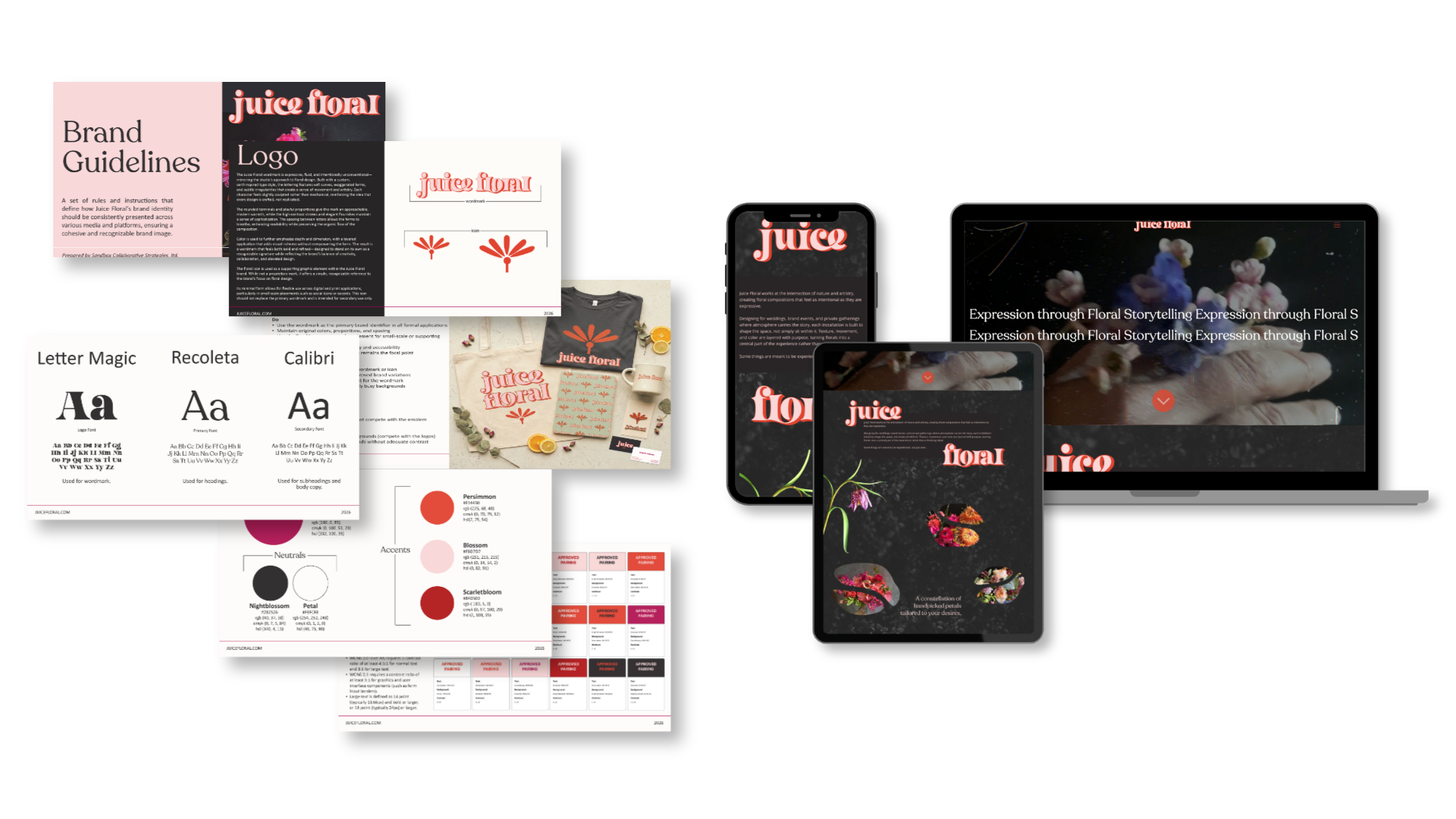 Branding and website design for Juice Floral studio, showcasing logo development, visual identity system, and responsive web design for a creative small business
